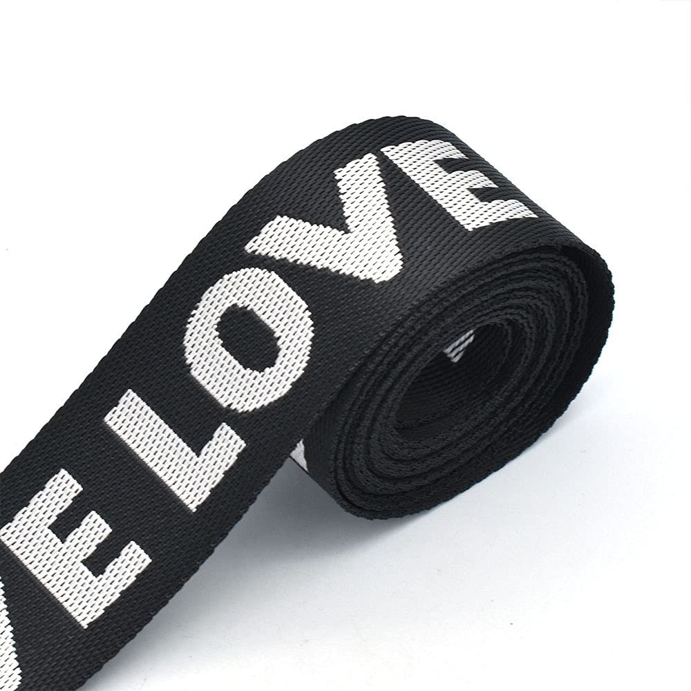 1.5'' Black "Love" Strapped Webbing Canvas Stripe Cotton Totes Belt Bag Purse Strap Dog Collar Webbing Lanyard Webbing Decoration by The Yards (3 Yards)