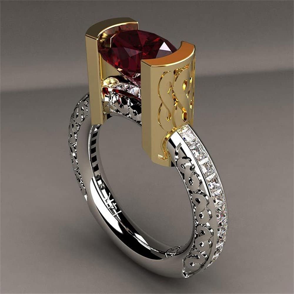 18K White/Yellow Gold Plated Two Tone Fashion Personality Creative Imitation Ruby Ring Red Gemstone Birthstone Ring Eternity Engagement Wedding Ring Promise Ring for Women ST.240 (9)