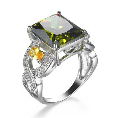 Womens Fashion 925 Sterling Silver Plated Olive Green Cubic Zirconia CZ Large Stone Ring Two Row Twist Eternity Engagement Wedding Band Ring ST.267 (Olive Green, 7)