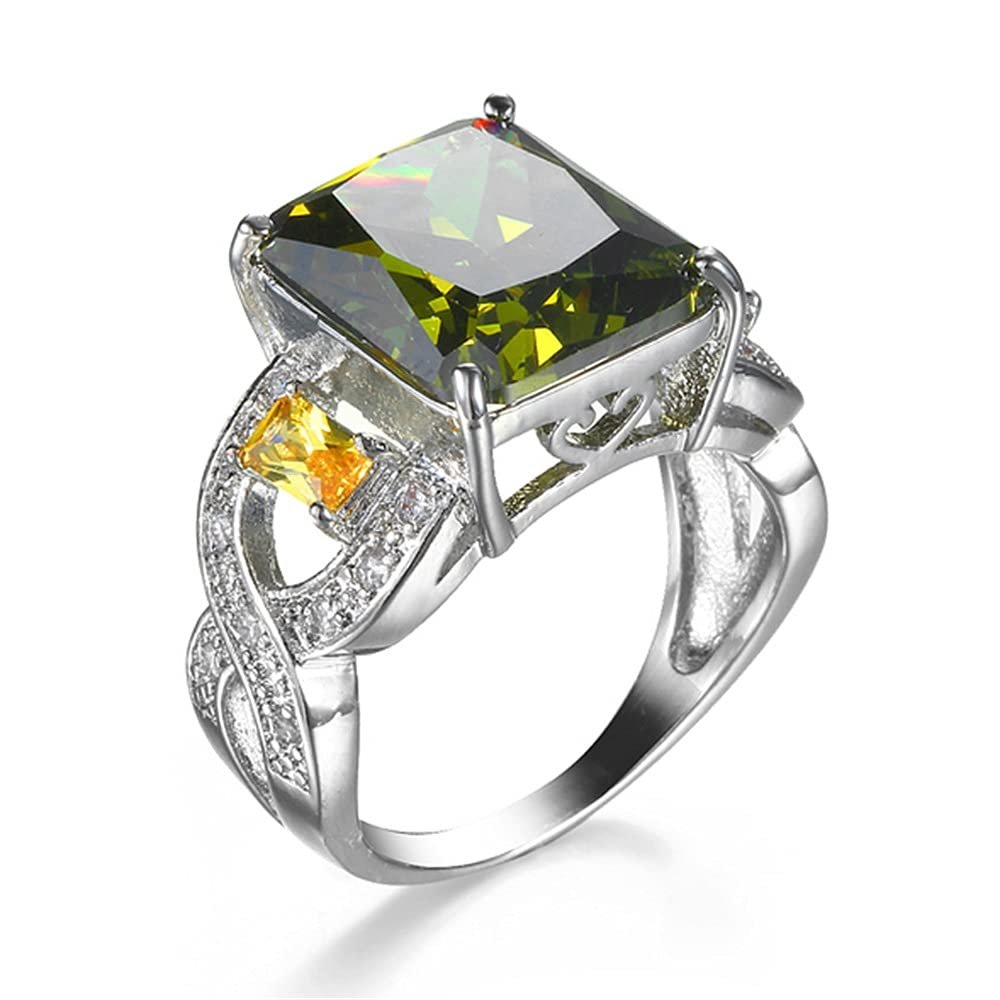 Womens Fashion 925 Sterling Silver Plated Olive Green Cubic Zirconia CZ Large Stone Ring Two Row Twist Eternity Engagement Wedding Band Ring ST.267 (Olive Green, 7)