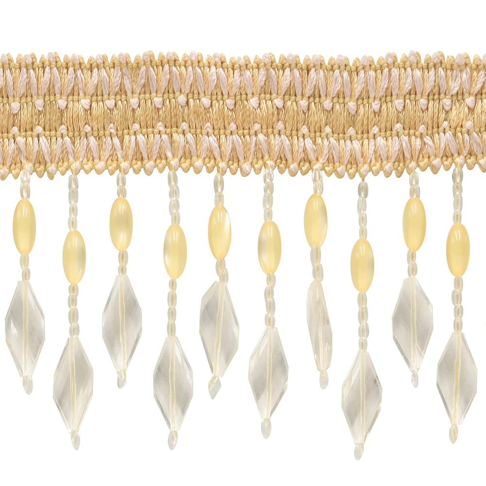 DCOPRO 1 1/2" Handcrafted Woven Scroll Header Emerald Beaded Fringe Trim (BG0058-AC) / Blonde Gold Multicolor #BA004 (Light Gold Yellow Gold) / 3 Yards (2.5m/19 ft)