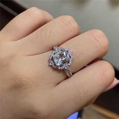 Retro 925 Sterling Silver Womens Ring 18K Rose Gold Square Zircon Ring Shiny Full Diamond Princess Ring Fashion Engagement Wedding Anniversary Cocktail Party Ring ST.288 (White, 9)