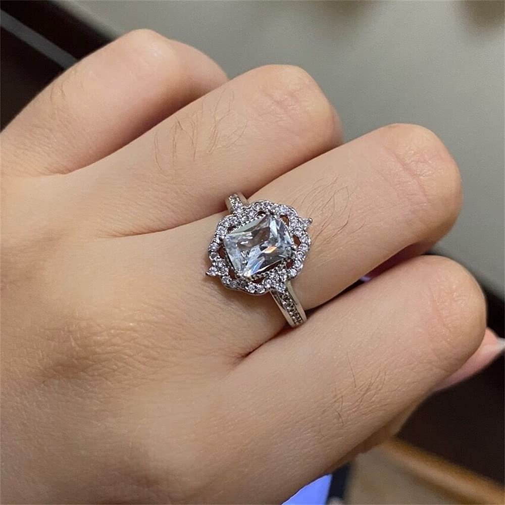 Retro 925 Sterling Silver Womens Ring 18K Rose Gold Square Zircon Ring Shiny Full Diamond Princess Ring Fashion Engagement Wedding Anniversary Cocktail Party Ring ST.288 (White, 9)