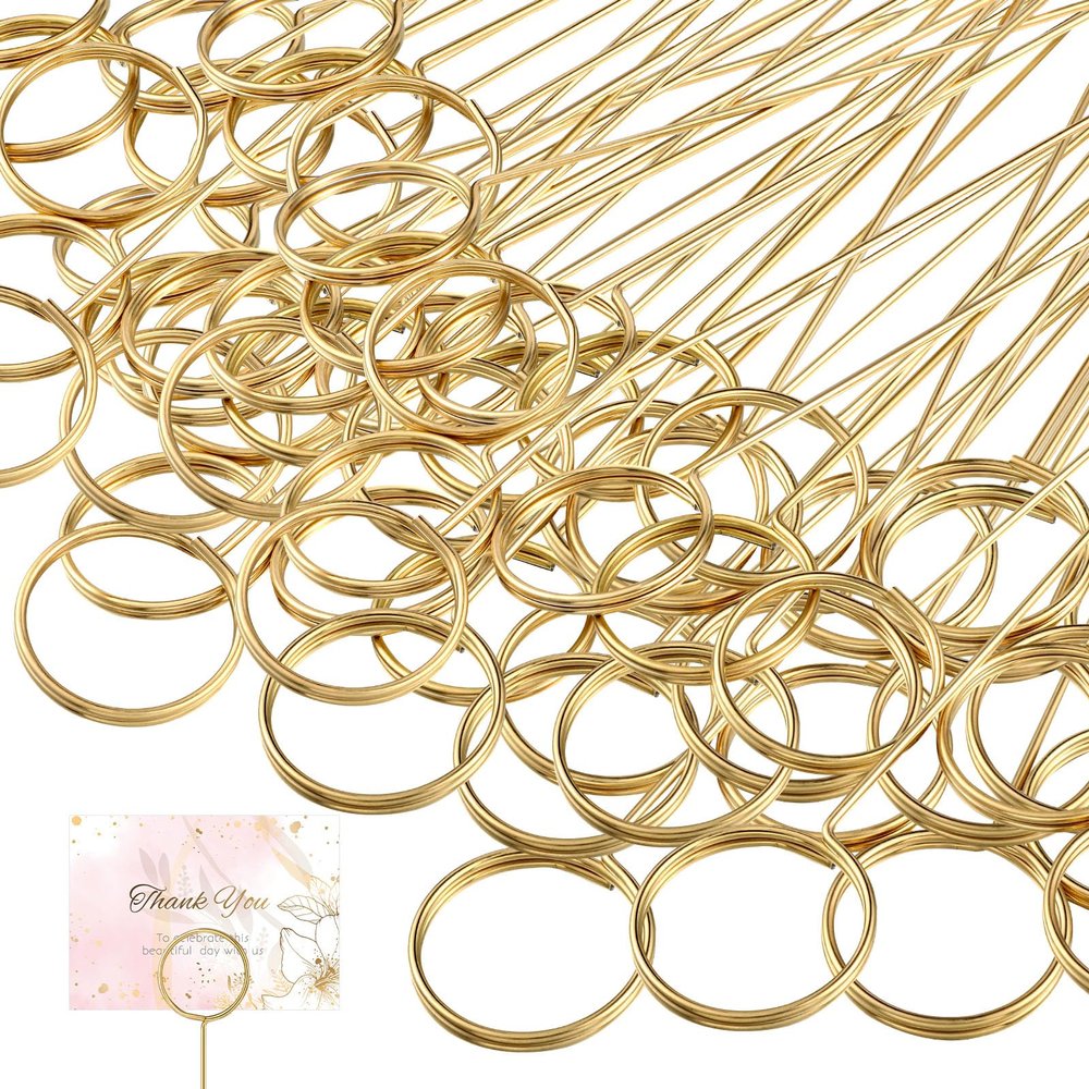 Hotop 30 Pcs Floral Card Holder Pick Metal Wire Flower Place Card Stick 13.4 in Picture Photo Memo Holder Round Floral Gift Stick Clip for Centerpiece Table Wedding Baby Shower Party Favor (Gold)