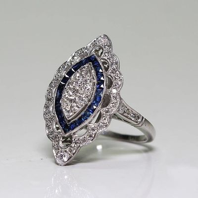 Vintage 925 Sterling Silver Shiny Full Diamond Ring Sapphire Ring Tear Drop Cubic Zirconia Promise Rings CZ Blue Gems Cocktail Rings Eternity Engagement Wedding Band Ring for Women TZ.98 (US Code 10)