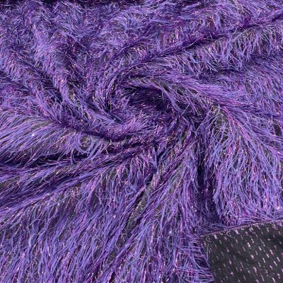 New Creations Fabric & Foam Inc, Shaggy Jacquard Faux Ostrich/Eye Lash Feathers Sewing Fringe with Metallic Thread Fabric (1 Yard, Purple)