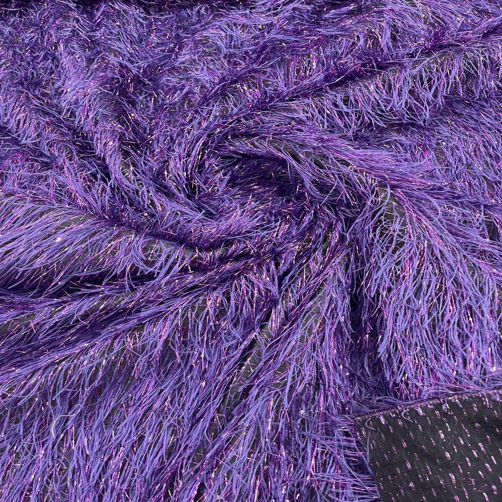 New Creations Fabric & Foam Inc, Shaggy Jacquard Faux Ostrich/Eye Lash Feathers Sewing Fringe with Metallic Thread Fabric (1 Yard, Purple)