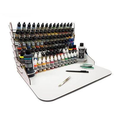 Vallejo - Work Station 50 x 37 cm with Vertical Paint Organizer, Holds up to 112 Bottles of 18 ml (0.6 fl.oz.), 4 of 35 ml (1.18 fl.oz) or 60 ml (2.02 fl.oz), 2 of 200 ml (6.76 fl.oz.) and 10 Brushes
