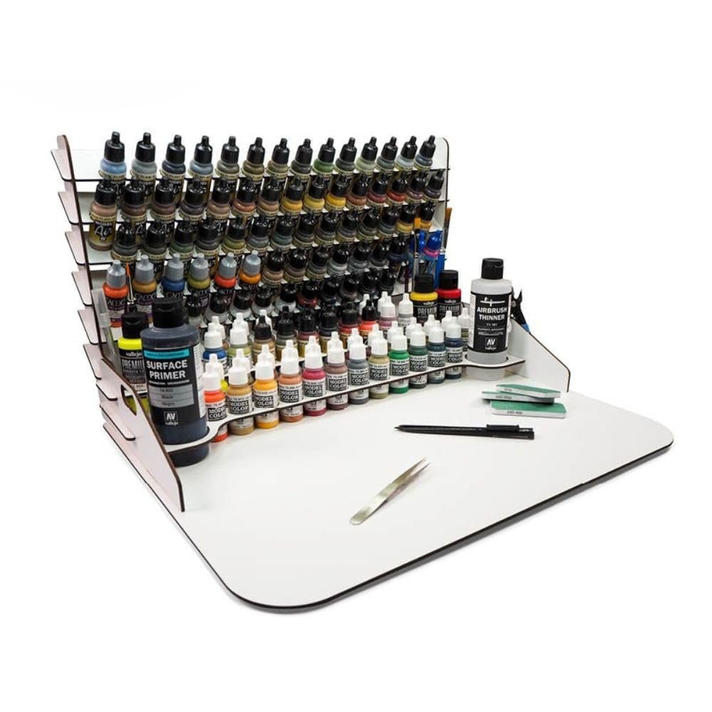 Vallejo - Work Station 50 x 37 cm with Vertical Paint Organizer, Holds up to 112 Bottles of 18 ml (0.6 fl.oz.), 4 of 35 ml (1.18 fl.oz) or 60 ml (2.02 fl.oz), 2 of 200 ml (6.76 fl.oz.) and 10 Brushes