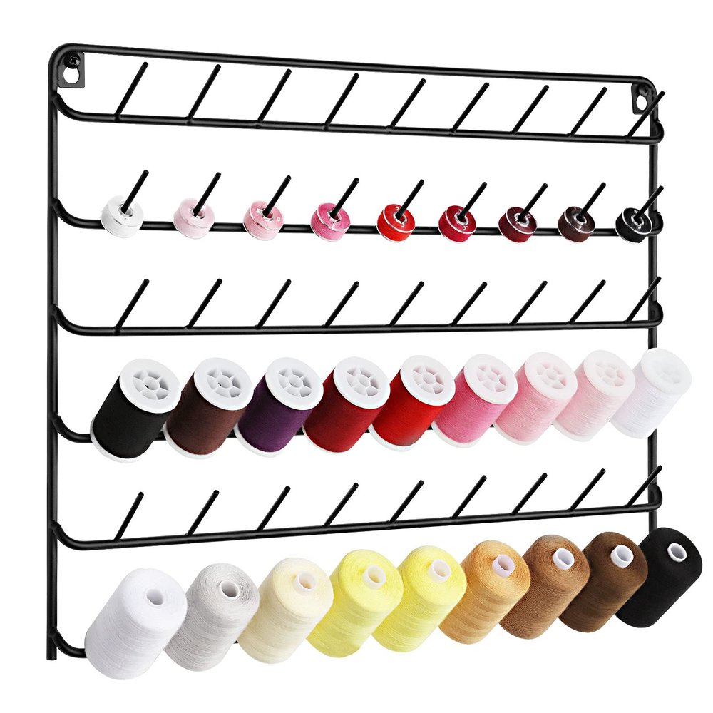 YBING Thread Holder Wall 54 Spools Thread Rack Embroidery Spool Thread Organizer Wall Mounted with Hanging Tools for Quilting Black Metal