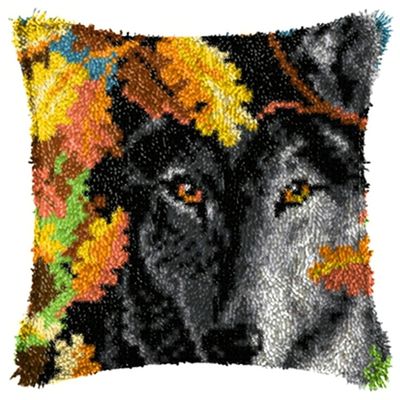 LAPATAIN Latch Hook Kits for DIY Throw Pillow Cover,Wolf Needlework Cushion Cover Hand Craft Crochet 17x17inch
