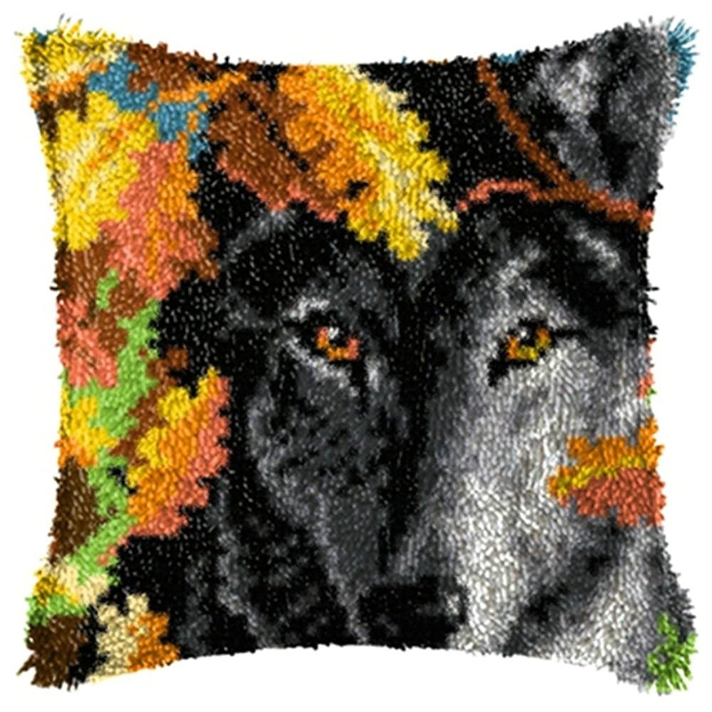 LAPATAIN Latch Hook Kits for DIY Throw Pillow Cover,Wolf Needlework Cushion Cover Hand Craft Crochet 17x17inch