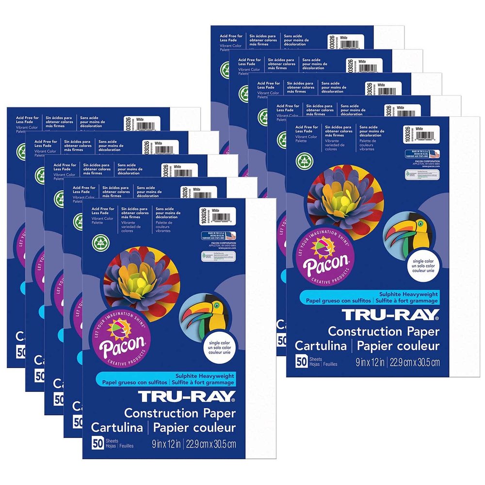 Tru-Ray Construction Paper, White, 9" x 12", 50 Sheets Per Pack, 10 Packs
