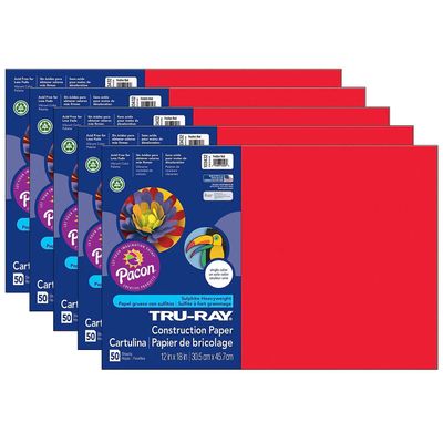 Tru-Ray Construction Paper, Festive Red, 12" x 18", 50 Sheets Per Pack, 5 Packs