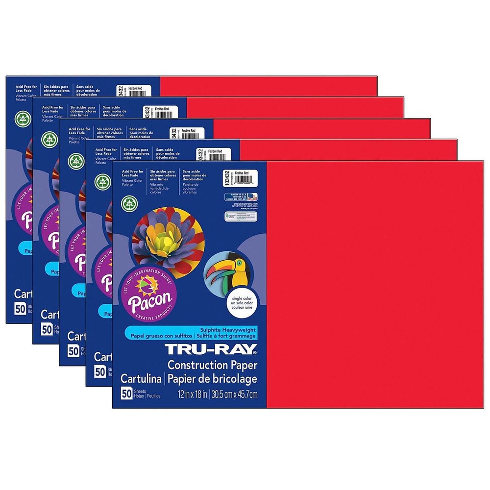 Tru-Ray Construction Paper, Festive Red, 12" x 18", 50 Sheets Per Pack, 5 Packs