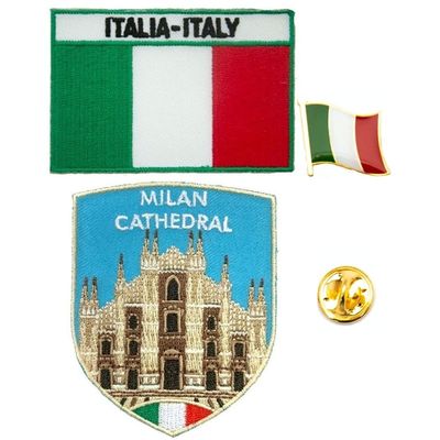 A-ONE - Milan Cathedral Shield Emblem+Italy Flag Patch and Pinbadge, Duomo di Milano, Landmark Applique, Historic Site Patch, Italy Flag Lapel Pin, Gift Choice, Stick/Iron on Clothes NO.226B
