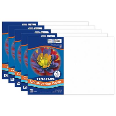 Tru-Ray Construction Paper, White, 12" x 18", 50 Sheets Per Pack, 5 Packs