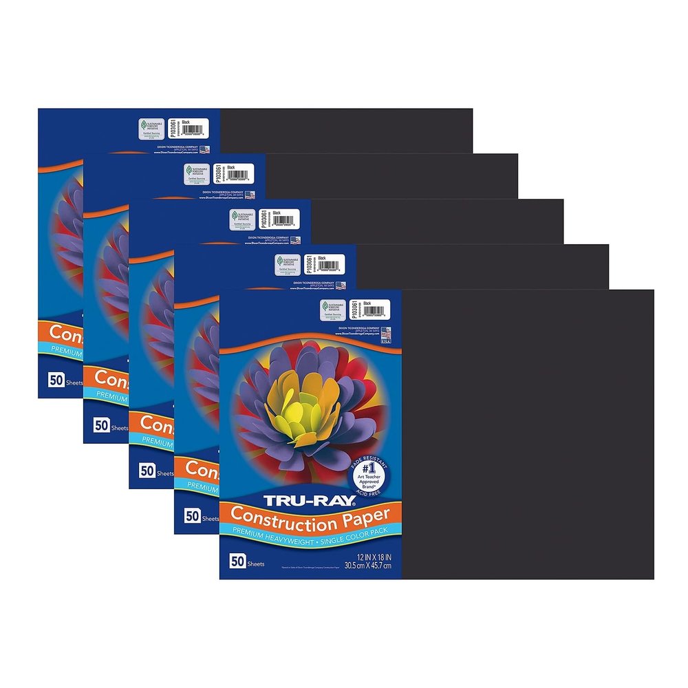 Tru-Ray Construction Paper, Black, 12" x 18", 50 Sheets Per Pack, 5 Packs