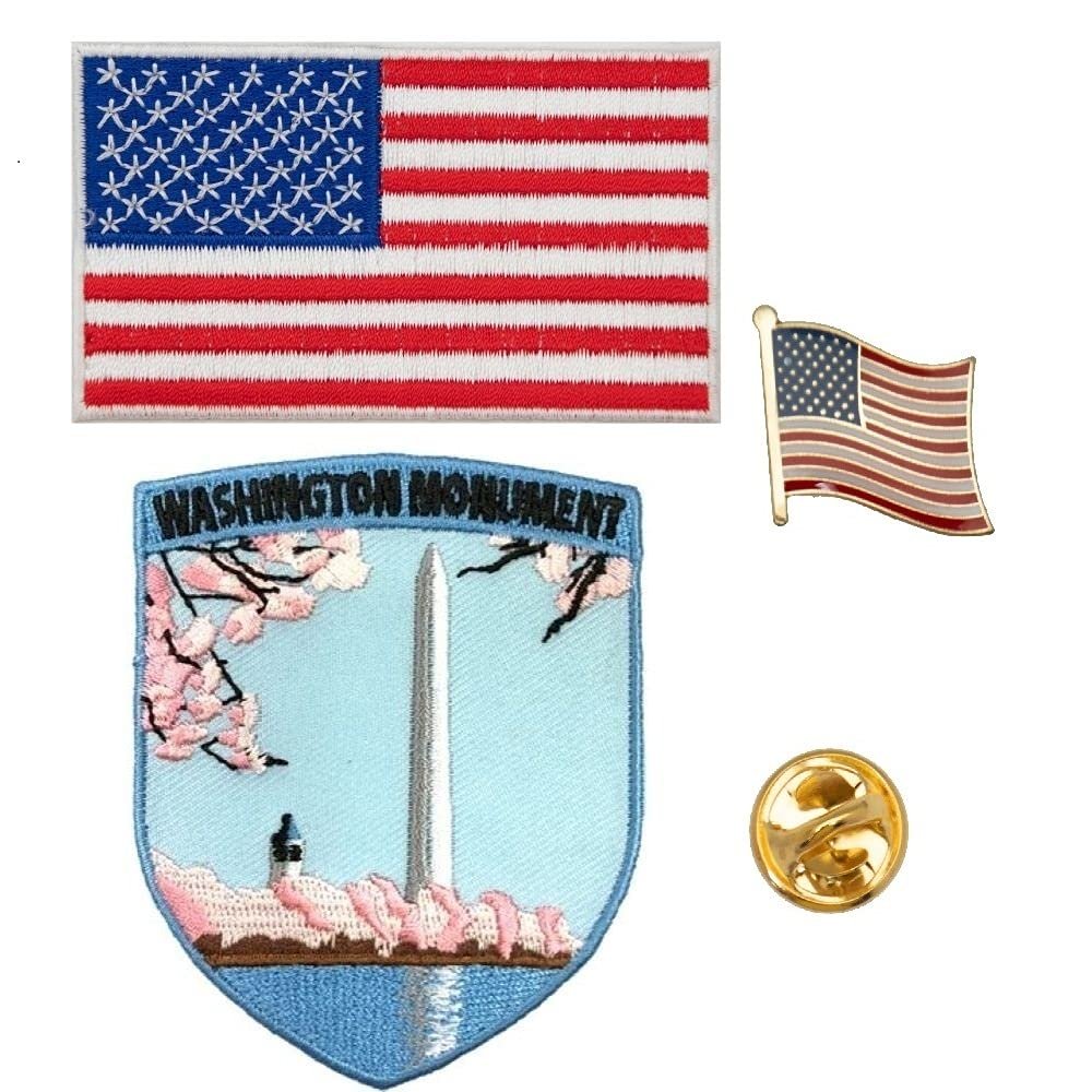 A-ONE - Washington Monument Landmark Applique+USA Flag Patch and Pin Badge, Washington DC. Embroidered Iron-on Badge, America Flag Style Sew Patch, Brooch Pin Flag Pin Accessories NO.214B