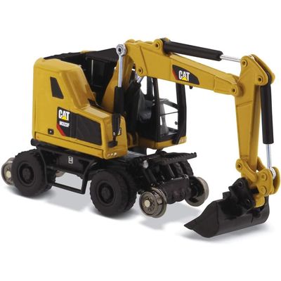 1:87 Caterpillar M323F Railroad Wheeled Excavator - Cat Yellow Version - (HO) High Line Series Model by Diecast Masters - 85656 - with Bucket, Ballast Tamper, and Rail Clamshell Bucket Attachments