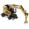 1:87 Caterpillar M323F Railroad Wheeled Excavator - Cat Yellow Version - (HO) High Line Series Model by Diecast Masters - 85656 - with Bucket, Ballast Tamper, and Rail Clamshell Bucket Attachments view 3