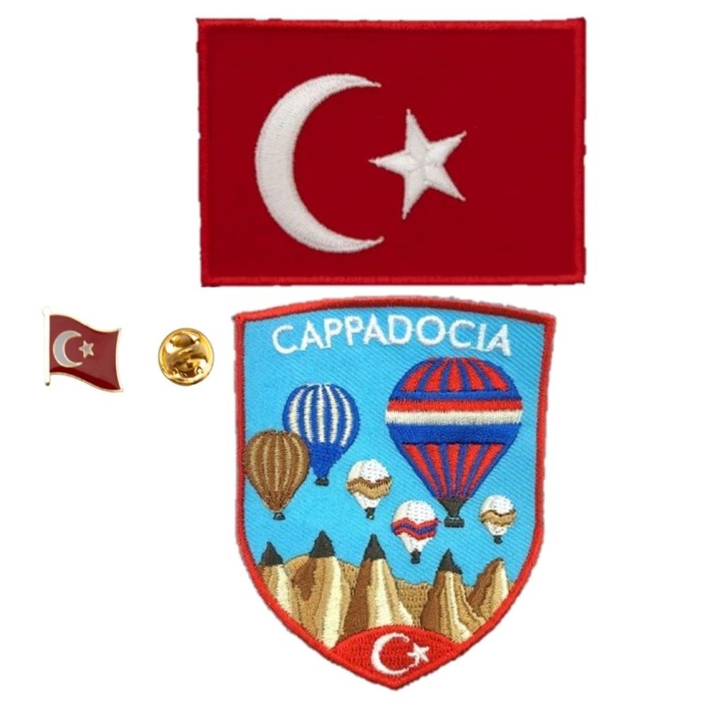 A-ONE 3 PCS Pack- Cappadocia Landmark Embroidery+Turkey Flag Lapel Pin and Badge, Turkey Travel Souvenir, Iron on Stick on Adhesive Applique, Patriotism Sew on Embroidery and Brooch for Shirts NO.289B