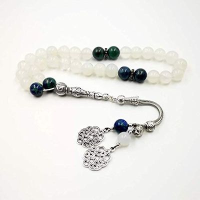 Muslim misbaha Luxurious Man's Bracelets White agates tasbih with Lapis Lazuli Beads gfit for Ramadan 33 66 99 Paryer Beads (8mm, 33 Beads)