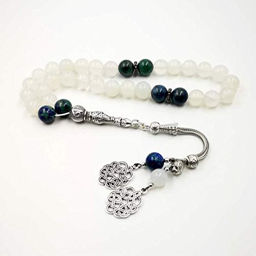Muslim misbaha Luxurious Man's Bracelets White agates tasbih with Lapis Lazuli Beads gfit for Ramadan 33 66 99 Paryer Beads (8mm, 33 Beads)
