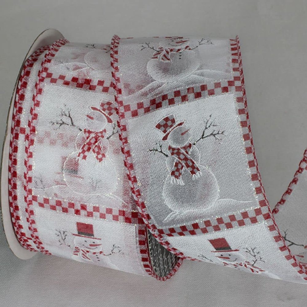 Red and White Checkered Snowmen Wired Craft Ribbon 2.5" x 20 Yards