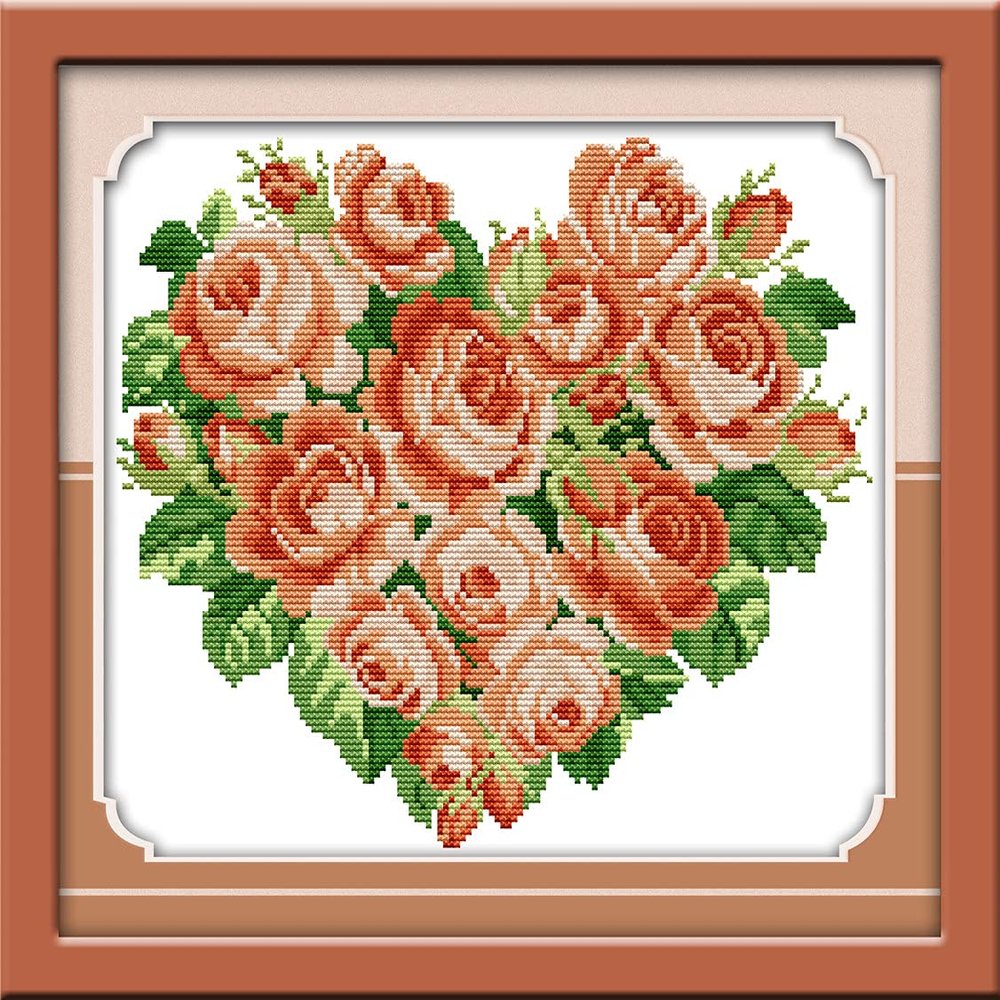 Amiiba Stamped Cross Stitch Kits, Orange Heart Flower Rose DIY 11CT 15.7x13.7 inch (Orange)