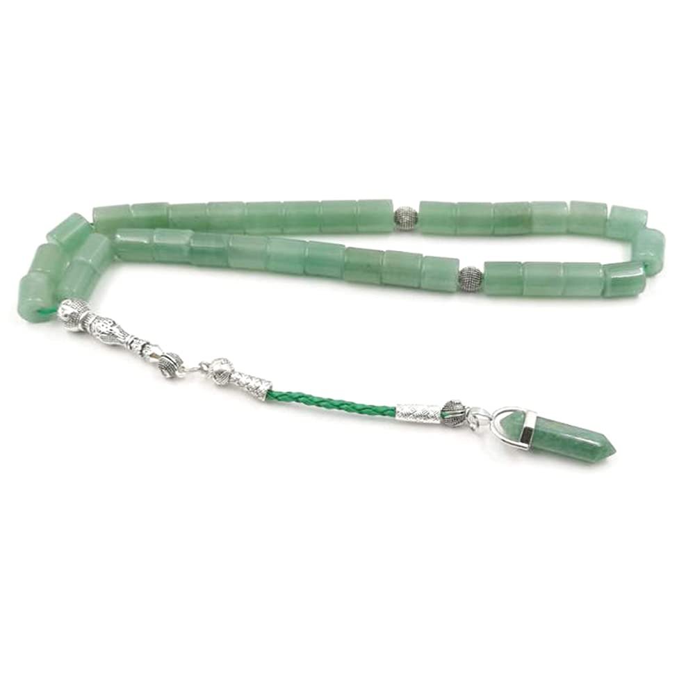 Tasbih Natural Green jades Stone Muslim Bracelet Misbaha Islamic Gift Stone Tassels 33 Prayer Beads Jewelry Handmade Rosary (10x12mm, 33 Beads)
