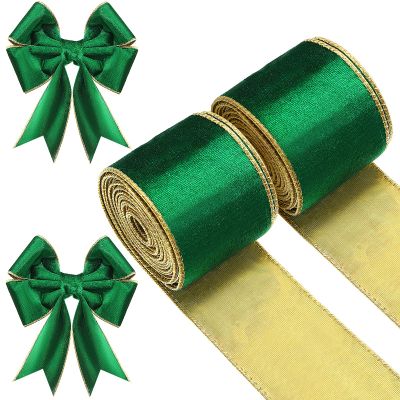 WILLBOND 2 Rolls Christmas Velvet Ribbon Wired Edge Trim Wrapping Fabric Ribbon for Gift Wrapping Bow Making and DIY Crafts Garland Wreath Tree Topper Decor