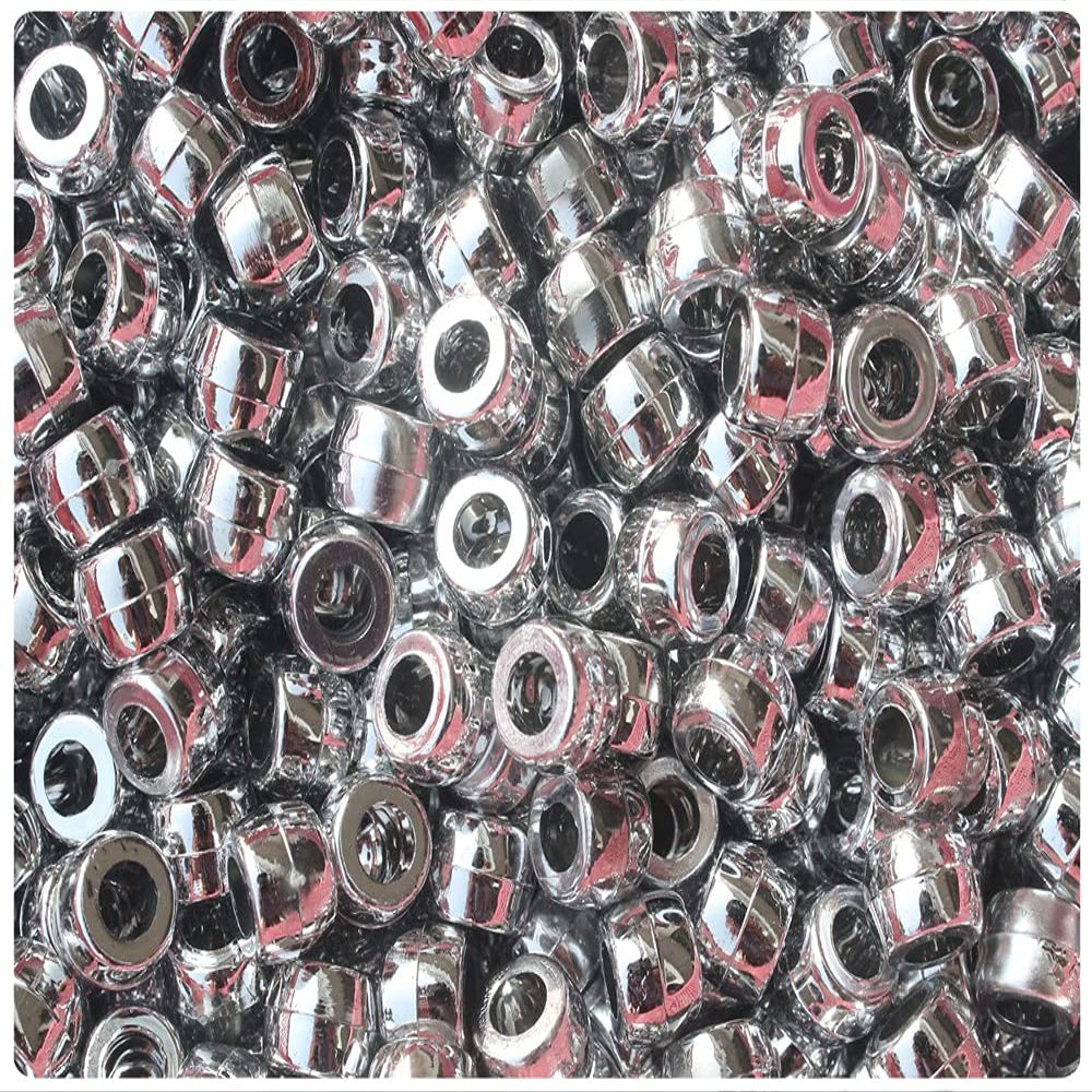 BeadTin Silver Metallic 9x6mm Barrel Plastic Pony Beads (200pcs)