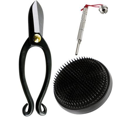 Wazakura Made in Japan Ikebana for Beginners Tool Kit, Ikenobo Scissors, Black Kenzan Holder, Cleaner, Flower Arrangement Set, Florist Shears & Pin Frog - Black kenzan 3-1/4" (80mm) + care tool