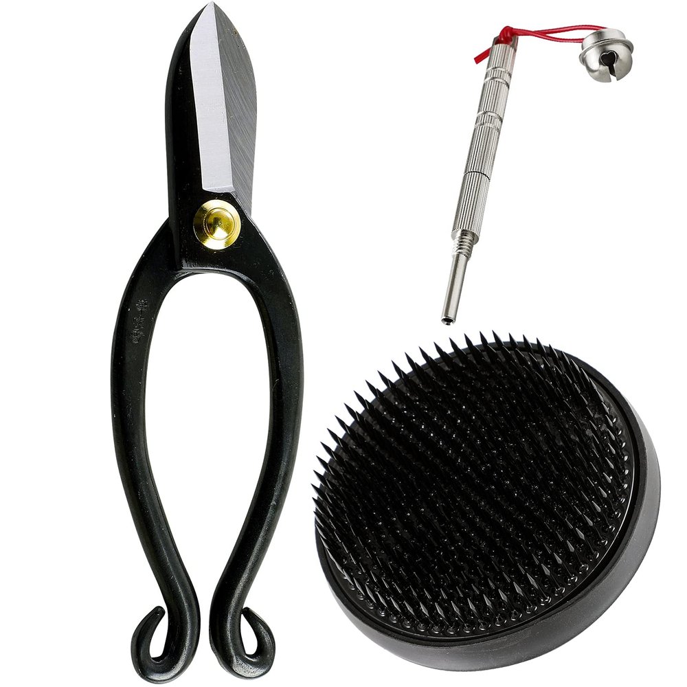 Wazakura Made in Japan Ikebana for Beginners Tool Kit, Ikenobo Scissors, Black Kenzan Holder, Cleaner, Flower Arrangement Set, Florist Shears & Pin Frog - Black kenzan 3-1/4" (80mm) + care tool