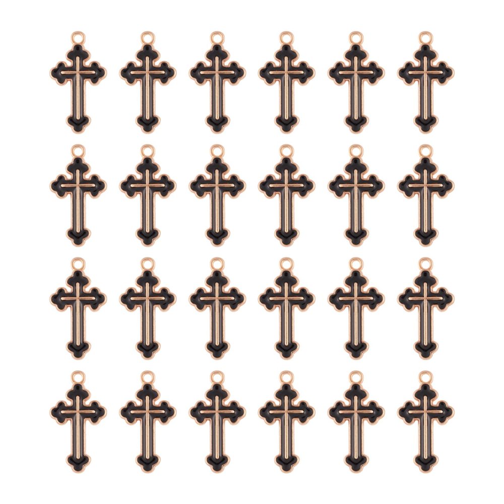 FASHEWELRY 100Pcs Cross Alloy Enamel Pendants 25x14x2mm Light Gold Plate Cross Dangle Charms Beads for DIY Jewellery Making Supplies (Black)