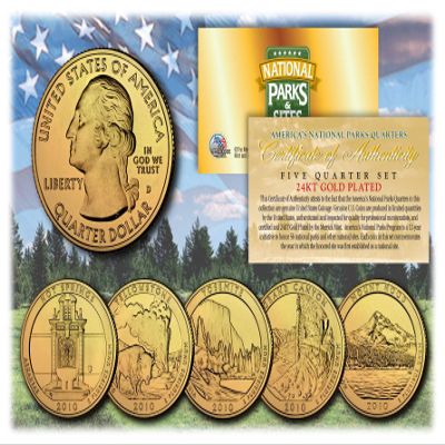 Merrick Mint 2010 America The Beautiful 24K Gold Plated Quarters Parks 5-Coin Set w/Capsules