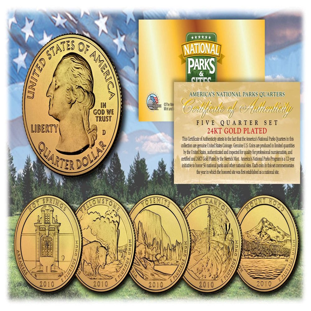 Merrick Mint 2010 America The Beautiful 24K Gold Plated Quarters Parks 5-Coin Set w/Capsules