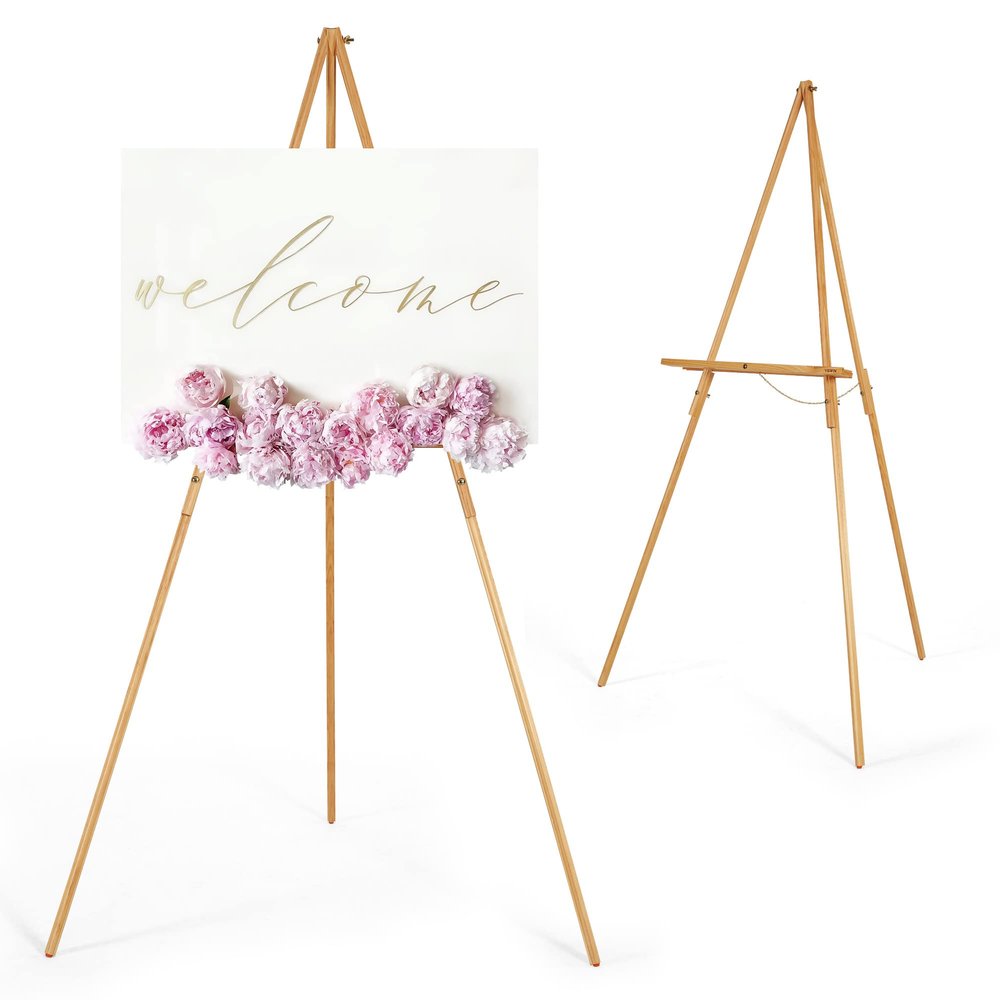 VISWIN 63" Easel Stand for Wedding Signs, Adjustable Wooden Display Easel with Holder, Tripod Floor Easel for Welcome Board, Poster, Picture, Photos, Paintings - Natural