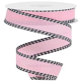 Solid Canvas Ribbon with Gingham Wired Edge - 10 Yards (Light Pink, Black, White, 1.5 Inch)