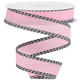 Solid Canvas Ribbon with Gingham Wired Edge - 10 Yards (Light Pink, Black, White, 1.5 Inch)