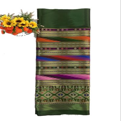 2-Yard Thailand Mai Kasalong N09 Cotton Thai Traditional Pattern Woven Fabric Supply for Thai Clothing Style Suitable for Wrap Skirt or Trouser (3-Green)
