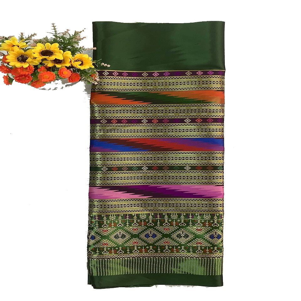 2-Yard Thailand Mai Kasalong N09 Cotton Thai Traditional Pattern Woven Fabric Supply for Thai Clothing Style Suitable for Wrap Skirt or Trouser (3-Green)