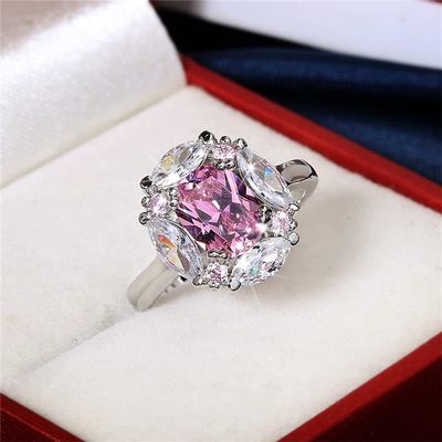 Charm Women's 925 Sterling Silver Pink/White Water Drop Ring Engagement Jewelry Pink Square & CZ Gemstone Pear Teardrop Halo Rings Lady Bridal Wedding Engagement Jewelry HM077 (8)