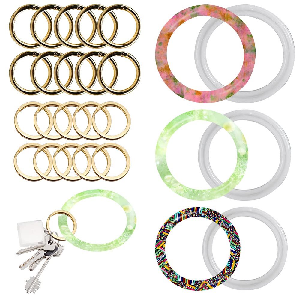 Silicone Wristlet Keychain Molds 23Pcs Key Ring Bangle Bracelet Molds Expoxy Resin Moulds with Spring Opening Rings and Key Chains for Making Jewelry DIY Crafts