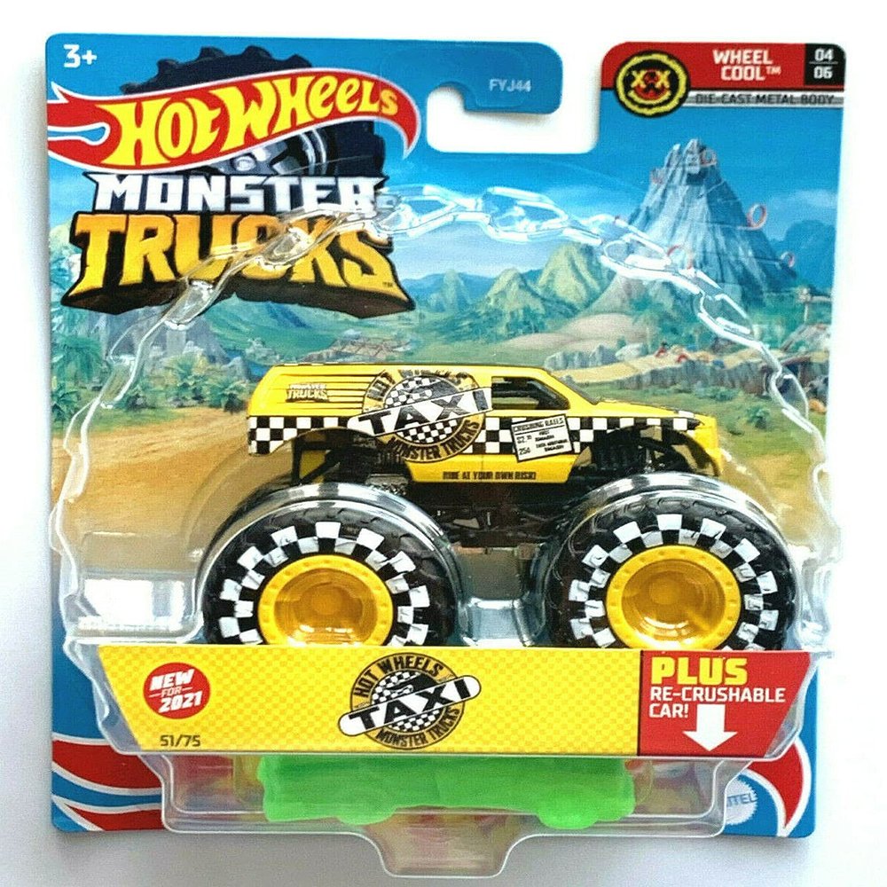 DieCast Hotwheels Monster Trucks Taxi, re-Crushable 51/75 (1:64 Scale) Yellow