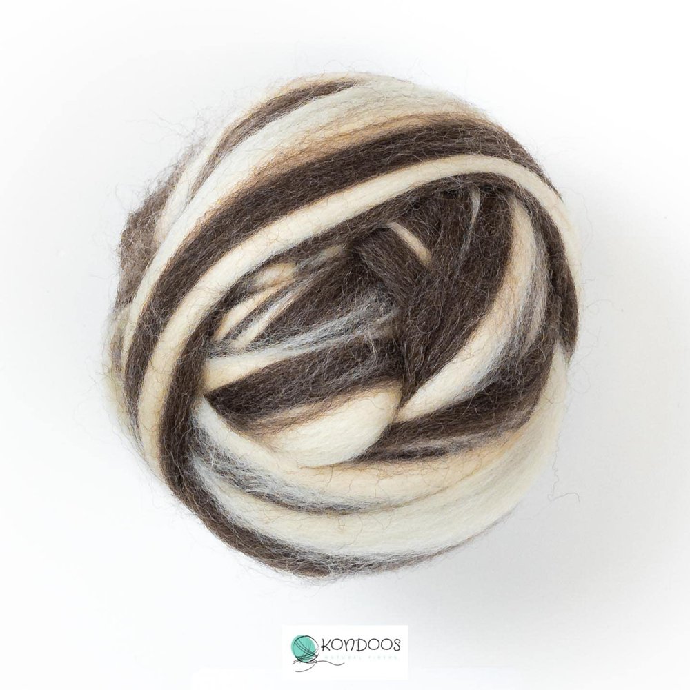 Kondoos Natural Wool roving, 8 OZ. Best for Needle Felting, handcrafts and Spinning. Natural Colours, un-Dyed. (Brown Zebra(Ecru/Mocha), 8 oz)