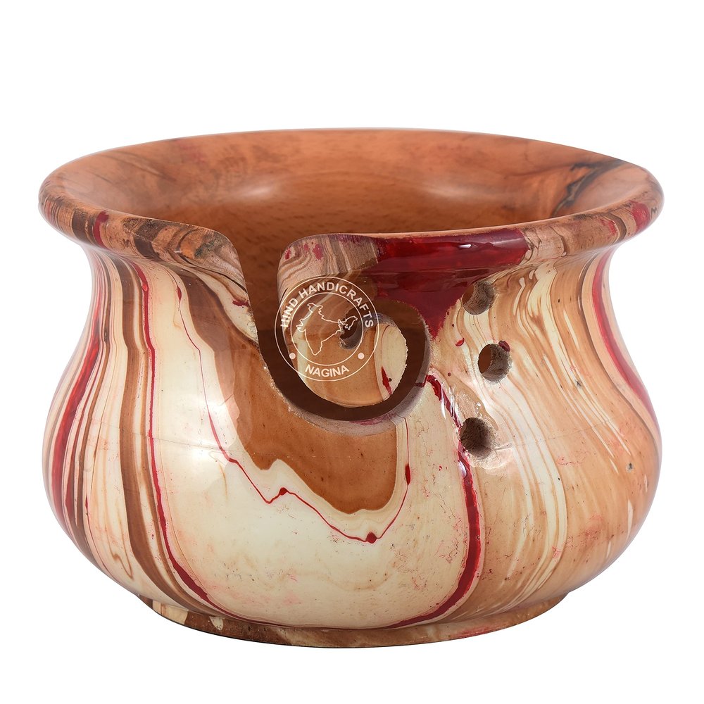 Premium Solid Hardwood Wooden Pot Portable Yarn Bowl Holder for Knitting Crochet Gift Set | Hind Handicrafts (6" x 6" x 4", Multi Wave)