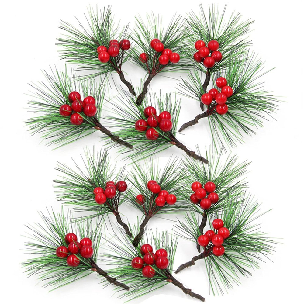 DCQRY WYSRJ 24 Pack Artificial Christmas Picks Assorted Red Berry Picks Stems Faux Pine Picks with Berries for Christmas Floral Arrangement Wreath Winter Holiday