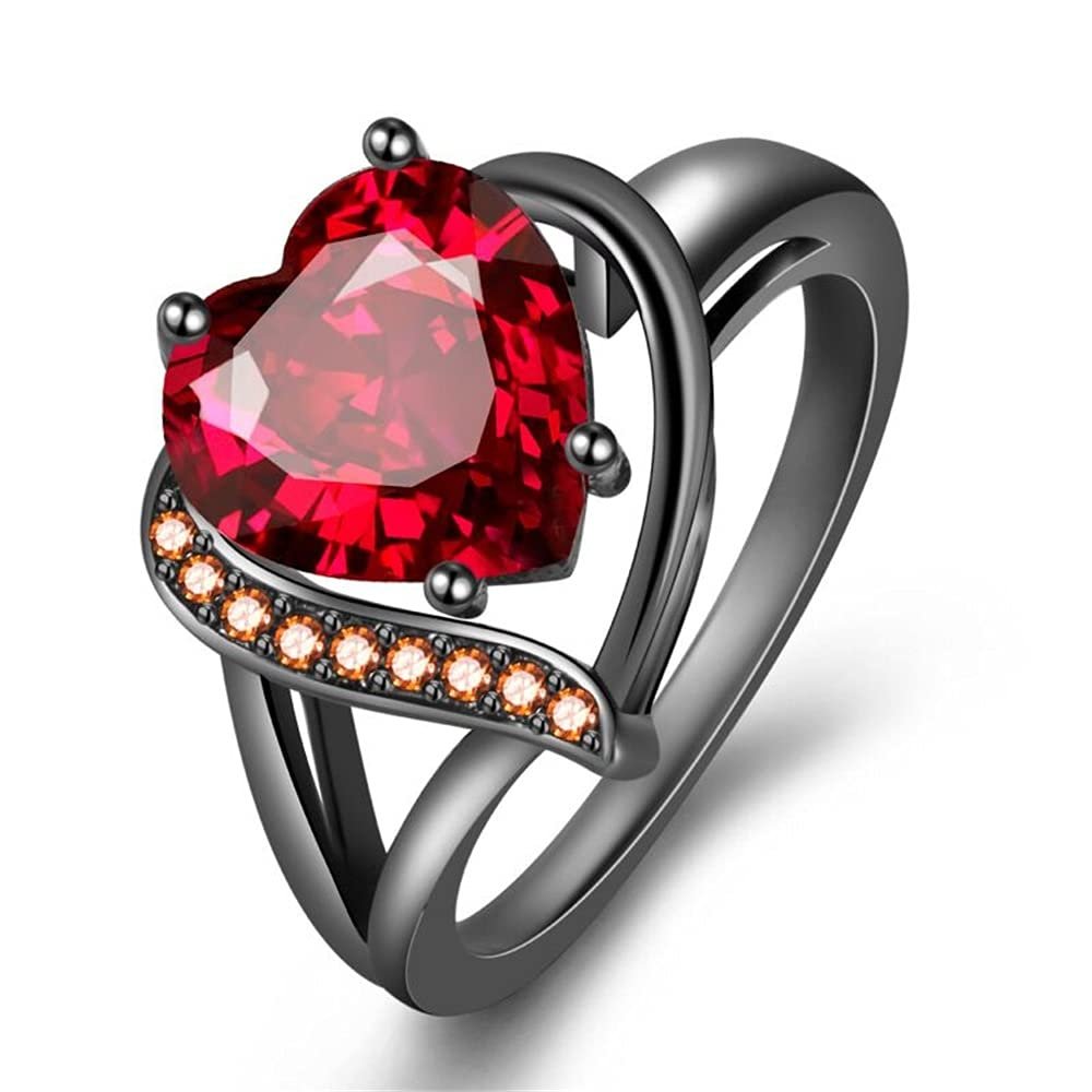 925 Sterling Silver Womens Ruby Ring Vintage Hollow Out Heart Purple gem Ring Fashion Full Diamond Zircon Black Ring Promise Engagement Wedding Cocktail Christmas Party Gift Ring ST.448 (Red, 9)